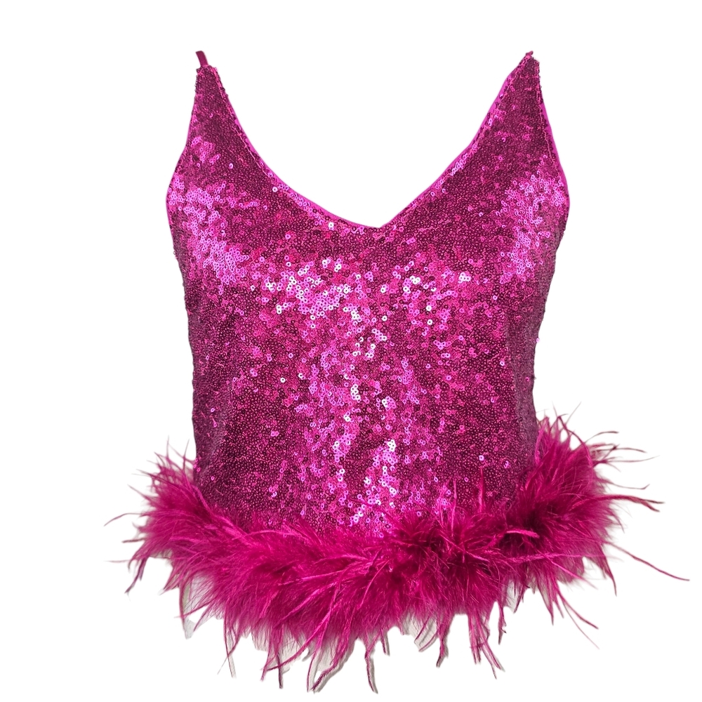 Blue B Hot Pink Sequined Feather Crop Top In Medium